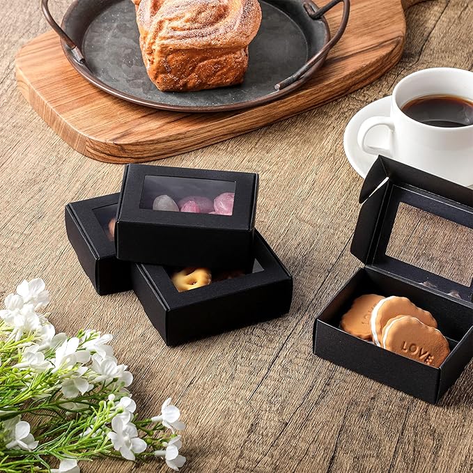 Zonon 30 Pcs Soap Boxes for Homemade Packaging, Mini Kraft Treat Boxes with Window for Bakery Candy Soap Making Gift Packaging (3.7 x 2.6 x 1.37 Inch,Black)