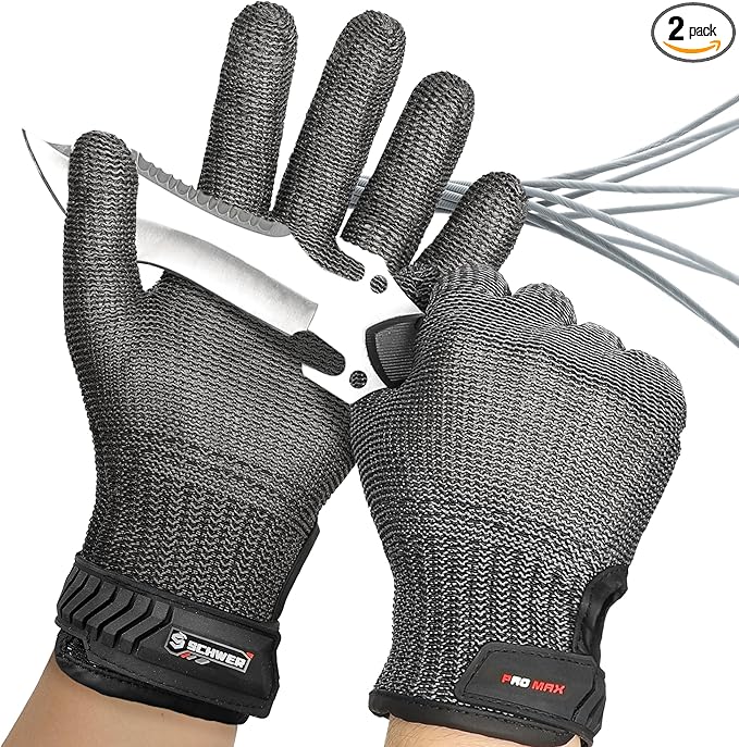 Schwer Ultimate Cut Resistant Gloves Beyond ANSI A9, Reinforced Stainless Steel Glove, Food Grade Mesh Metal Gloves for Butcher Meat Cutting, Oyster Shucking, Mandoline, Non-PFAS, PR1708 (L, 2 PCS)