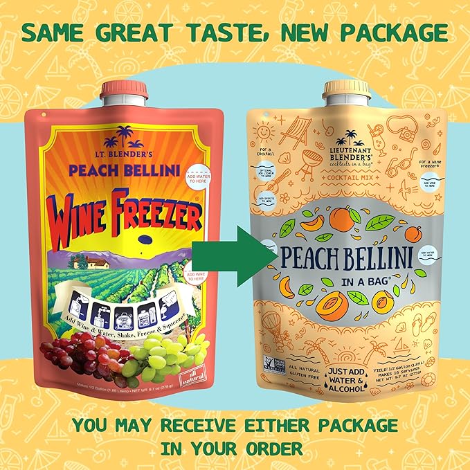 Lt. Blender's Peach Bellini in a Bag - Wine Slushie Mixes - Each Bag Makes 1/2 Gallon of Frozen Peach Bellini Mix – Non-GMO Wine Freezer mix - Make with Wine, Liquor or as a Mocktail - (Pack of 1)