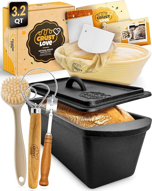 Rectangular Cast Iron Dutch Oven for Bread Baking - incl. Sourdough Bread-Baking Supplies - 3.2QT Bread-Pan for Homemade-Bread, Sour dough Bread-Pans with Lid, Bread-Oven, Bread-Baking-Pan
