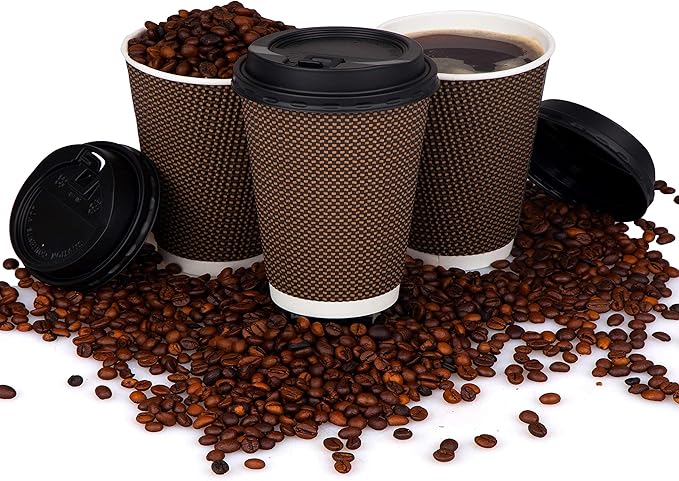 Promora Brown Disposable Coffee Cups With Lids 12 oz, Premium Insulated Paper Ripple Cups for Hot Coffee, Paper Cups 12 oz Coffee Cups 12 oz, Paper Coffee Cup with Lids (80 Pack)