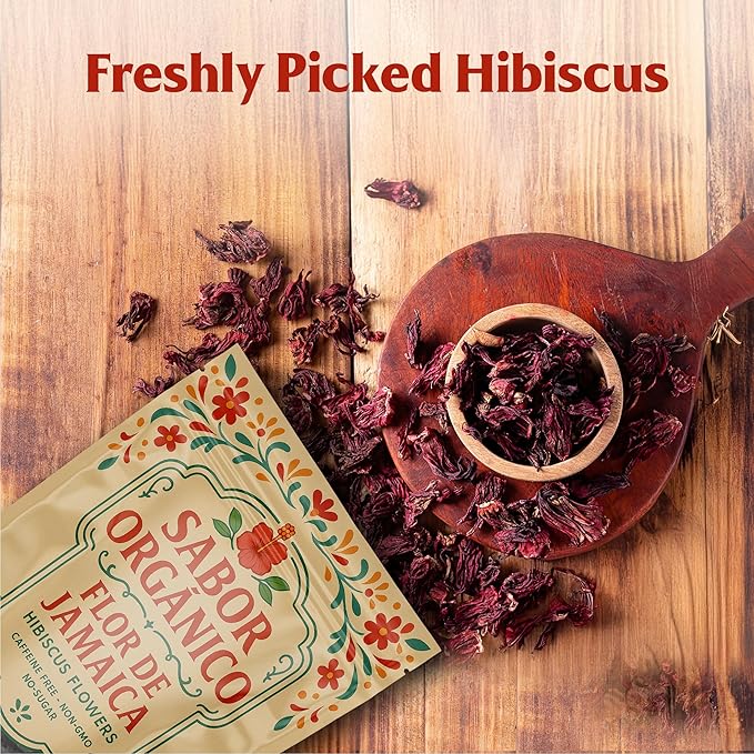 1lb Dried Hibiscus Flowers perfect for Tea and Mexican Agua de Jamaica | Flor de Jamaica Organica Natural | Flor de Jamaica Non-GMO, No Preservatives Resealable Stand-up pouches | by Sabor Orgánico