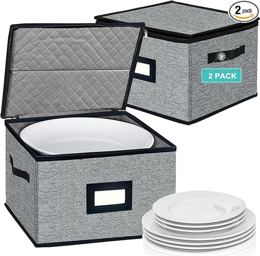 Homyfort China Storage Containers - Dinner Plate Storage with Lid, Handles, Hard Shell Dinnerware Protectors for Moving Bowls, Saucer, Padded Protective Storage, 12x12, 2 Pack