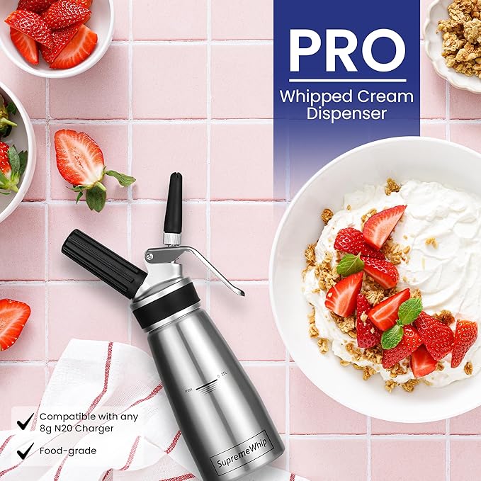 PRO Cream Dispenser, Durable High-Grip, Metal Lid with Rubber, 3 Nozzles, for Hot/Cold Use, Cleaning Brush Included, Silver - 250 ml/1 Pint