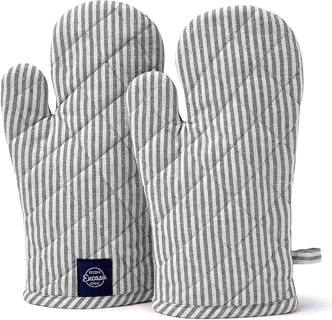 Encasa Homes Long 12"x7" Oven Microwave Hand Gloves Mitts (2 pc Set) for Kitchen Cooking & Baking - Heat Resistant, Thick & Safe, Protection of Hands from Hot Utensils - Ticking Black