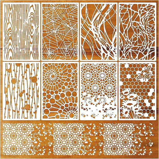 8 Pieces Stencils for Crafts Reusable Texture Spider Stencils Net Wood Grain Stone Spray Paint Layering Stencil Templates for DIY Scrapbook