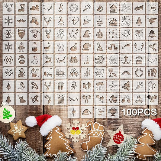 100 Pcs Stencils for Painting on Wood Reusable Stencil Crafts Drawing Templates Holiday Wall Paper for DIY Scrapbook Home 2 x 2 Inch(Santa Style)