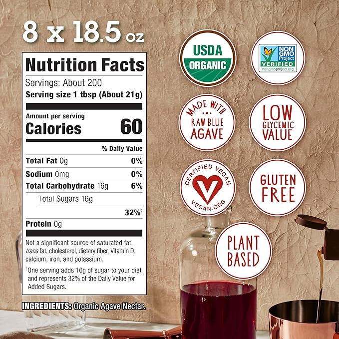 Agave In The Raw Organic Agave Nectar Sweetener, Blue Agave Syrup, No Erythritol, Sugar Substitute for Coffee, Baking, Hot & Cold Drinks, Natural, Low Carb, Vegan, Gluten-Free, 18.5oz Bottle (8 Pack)