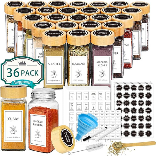 Aliggbent Spice Jars with Lable, 36 Pcs 4 oz Glass Spice Jars with Bamboo Lids, Spice Containers Bottles, Glass Seasoning Jars with Shaker Lids, Collapsible Funnel, for Spice Racks, Pantry,Cupboard