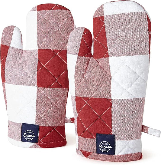 Encasa XO Long 12"x7" Oven Microwave Hand Gloves Mitts (2 pc Set) for Kitchen Cooking & Baking - Heat Resistant, Thick & Safe, Protection of Hands from Hot Utensils - Buffalo Red Checks