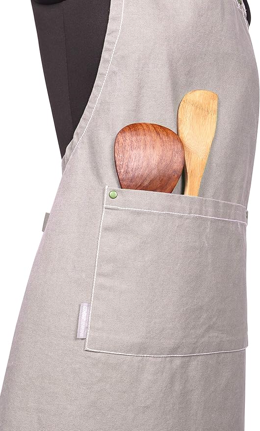 AMOUR INFINI Cotton Solid Aprons for Women with Pocket, Adjustable Strap and Waist Ties Washed Chef Aprons for Cooking, Baking and Gardening (Beige)