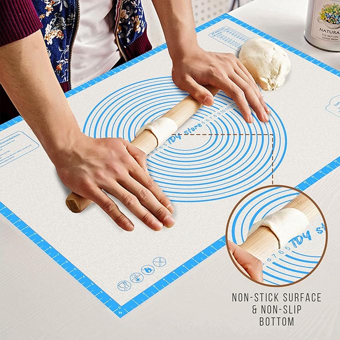 28 * 20 inches Blue, Non-Slip Silicone Baking Sheets - Baking Mat with 0.7mm Thickness - Non-Stick Pastry & Cookie Mat for Kitchen Counter for Rolling Out Dough with Measurements.