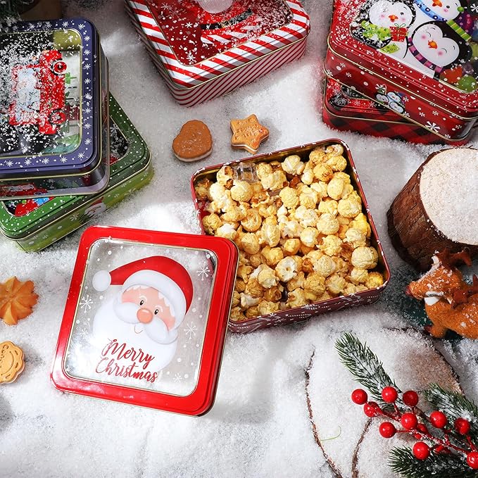 Tioncy 8 Pcs Christmas Cookie Tins with Lids Large Cookie Boxes Metal Empty Tins Santa Tinplate Xmas Gift Box for Christmas Holiday Candies Treats Storage Container (Classic)