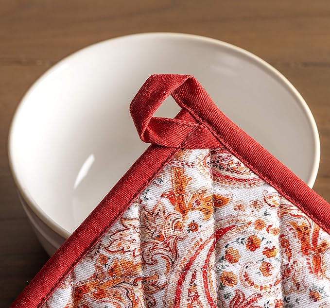 Maison d' Hermine 100% Cotton Oven Mitt & Pot Holder Set (7.5"x13" & 8"x8") Heat Resistant BBQ Cooking Gloves with Loop, Baking, Grilling, Kitchen, Handling Hot Pans (Orient)
