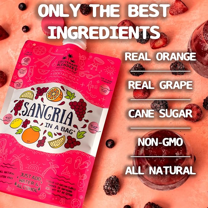 Lt. Blender's Sangria in a Bag – Wine Slushie Mixes - Each Bag Makes 1/2 Gallon of Frozen Red Sangria Mix – Non-GMO Wine Freezer Mix - Make with Wine, Liquor or as a Mocktail - (Pack of 1)