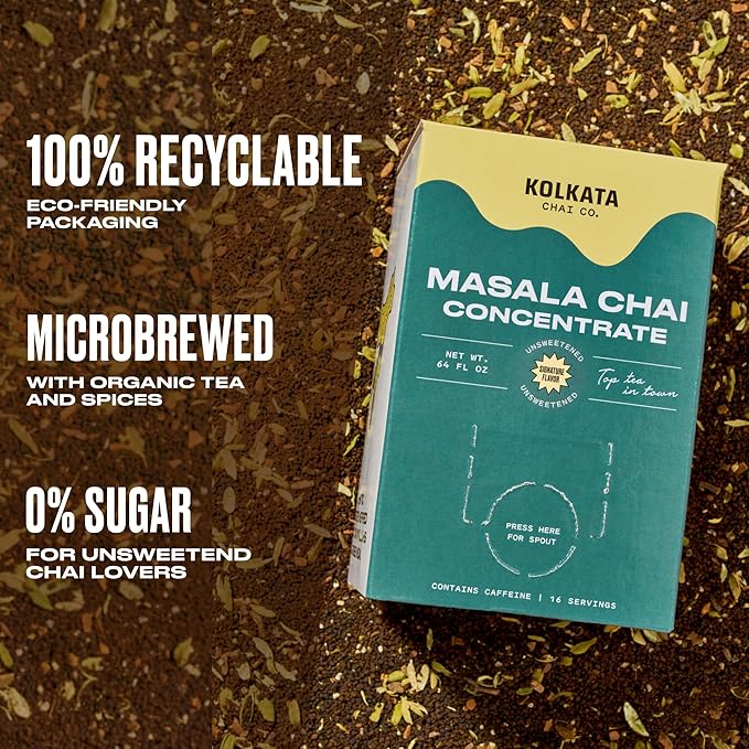 Kolkata Chai - Sugar Free Masala Chai Concentrate for Chai Tea Latte, 64oz Microbrewed Premium Organic Black Tea and Spices, Unsweetened/Zero sugar, Vegan, All Natural, Makes 16 servings