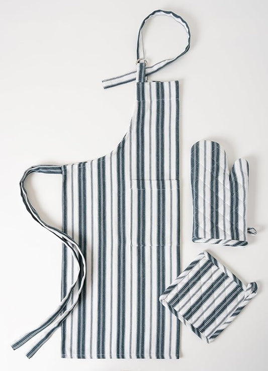 1 Oven Mitt, 1 PotHolder & 1 Kitchen Apron Set - Durable Heat Resistant Gloves - Thick Mittens for Kitchen - Suitable for Cooking, Baking, Grilling – Men & Women – Navy Blue Stripes - Casa De Lan