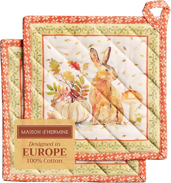 Maison d' Hermine Pot Holders Set 100% Cotton Heat Resistant Potholders 8" x 8" Hot Pads with Loop BBQ, Cooking, Baking, Grilling, Kitchen, Handling Hot Pans (Pack of 2, Pumpkin Passion)