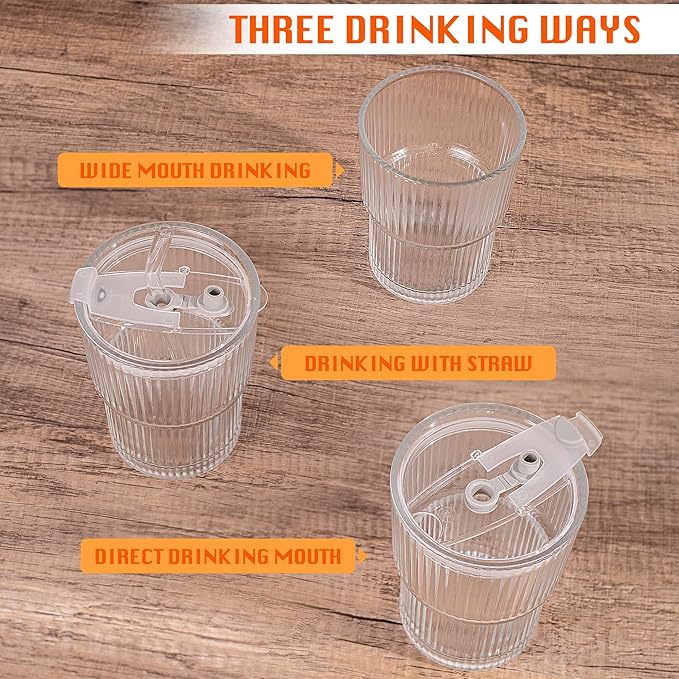 13oz/400ML Glass Tumbler with Straw and Lid Ribbed Vertical Ice Coffee Cups Sealed Carry on for Coffee Iced Tea, Thick Wall Glassware Tumbler Water Glass (Clear 1pc)