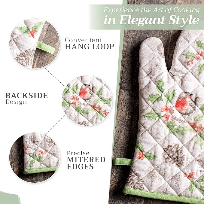 Maison d' Hermine Oven Gloves 100% Cotton Oven Mitt 7" x 13" with Loop Heat Resistant, BBQ, Cooking Gloves, Baking, Grilling, Kitchen, Handling Hot Pans (Pack of 1, Christmas Dew)