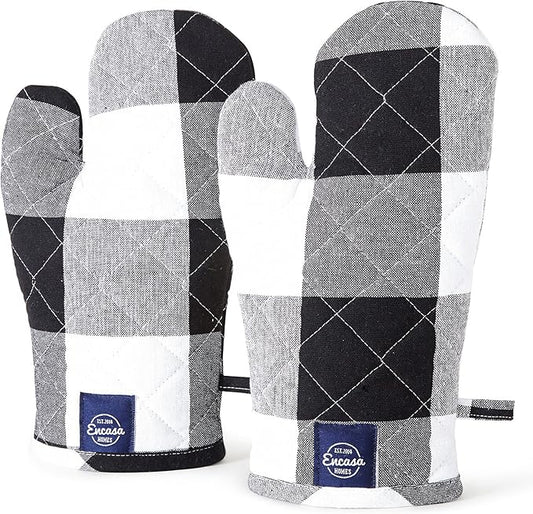 Encasa XO Long 12"x7" Oven Microwave Hand Gloves Mitts (2 pc Set) for Kitchen Cooking & Baking - Heat Resistant, Thick & Safe, Protection of Hands from Hot Utensils - Buffalo Black Checks