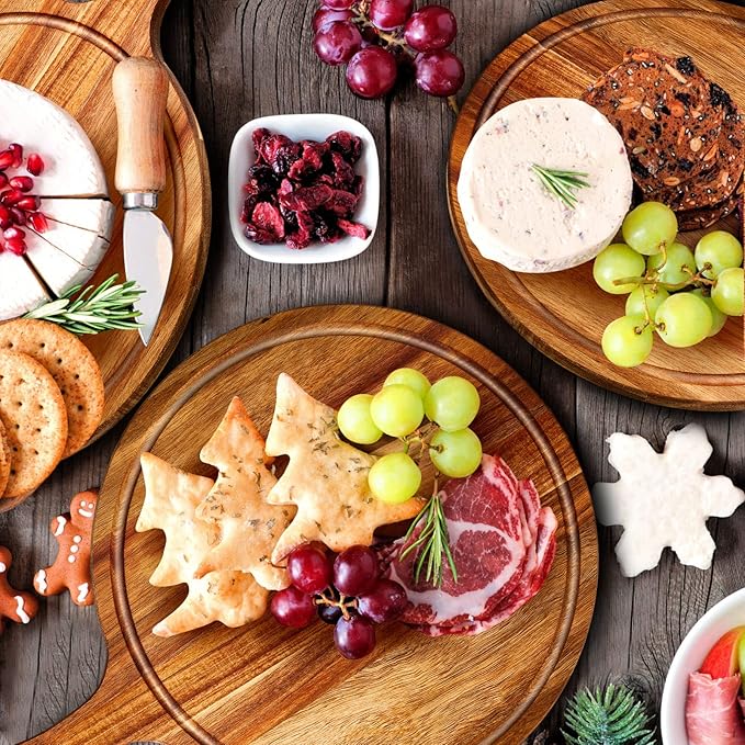 Nuenen 10 Pcs Round Wood Cutting Board with Handle Acacia Wooden Serving Kitchen Chopping Boards for Pizza, Bread, Cheese, Charcuterie, Fruit, Vegetables(Acacia)