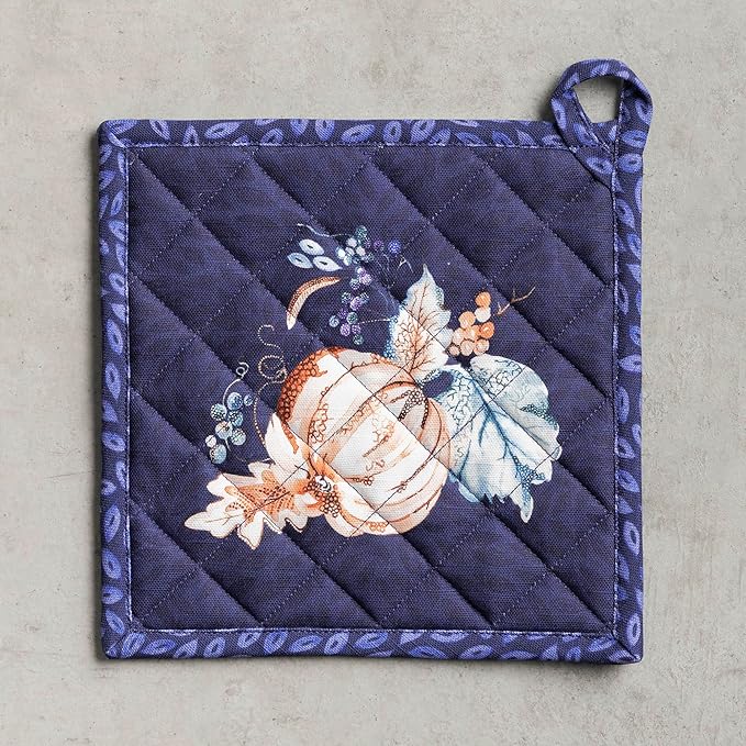 Maison d' Hermine Pot Holders 100% Cotton Heat Resistant Potholders 8" x 8" Hot Pads with Loop BBQ, Cooking, Baking, Grilling, Kitchen, Handling Hot Pans (Pack of 1, Pumpkin Blues)