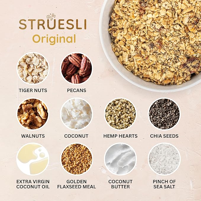 Struesli Original Organic Granola, Grain & Gluten Free, Healthy Snacks with Chia Seeds, Nuts & Sea Salt, Prebiotic High Fiber Food for Yogurt, Cereal & More, Plant Based, Keto & Paleo, 9 Oz, 2 Pack
