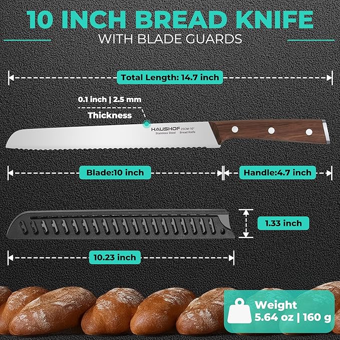 HAUSHOF Bread Knife with Sheath, 10-Inch Serrated Bread Knife for Homemade Bread, 5CR15M0V Premium Stainless Steel Bread Cutter with Gift Box for Mom Dad, Full Tang and Ergonomic Handle
