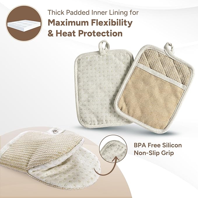 Casa Platino Pot Holders and Oven Mitts, 8-Piece – 500°F Heat Resistant Mini Oven Mitts with Silicone Grip, Potholders for Kitchens, 2 Kitchen Towels & 2 Dish Cloths – Non-Slip & Durable – Beige