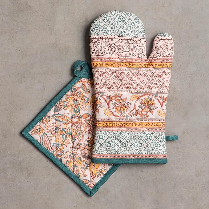 Maison d' Hermine 100% Cotton Oven Mitt & Pot Holder Set (7.5"x13" & 8"x8") Heat Resistant BBQ Cooking Gloves with Loop, Baking, Grilling, Kitchen, Handling Hot Pans (Nila)