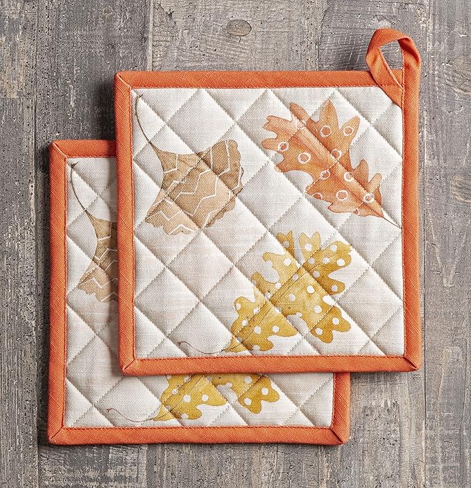 Maison d' Hermine Pot Holders Set 100% Cotton Heat Resistant Potholders 8" x 8" Hot Pads with Loop BBQ, Cooking, Baking, Grilling, Kitchen, Handling Hot Pans (Pack of 2, Colors of Autumn)