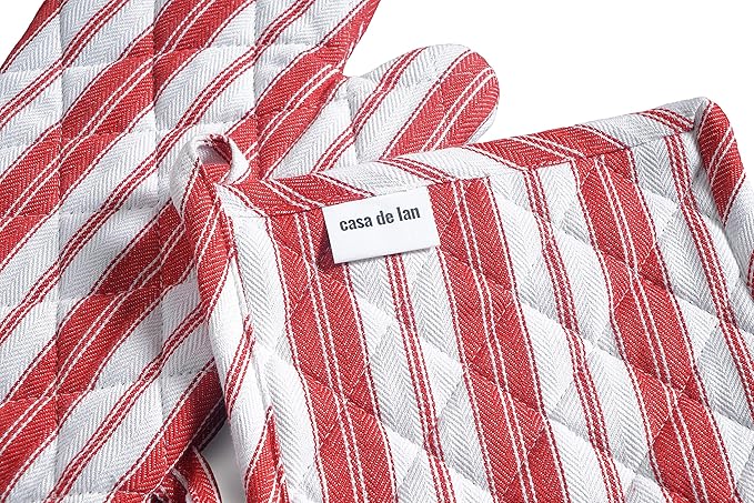 Oven Mitt & Potholder Set - Durable Heat Resistant Gloves - Thick Mittens for Kitchen - Suitable for Cooking, Baking, Grilling – BBQ - 1 Oven Mitts & 1 Potholders – Bright Red Stripes - Casa De Lan
