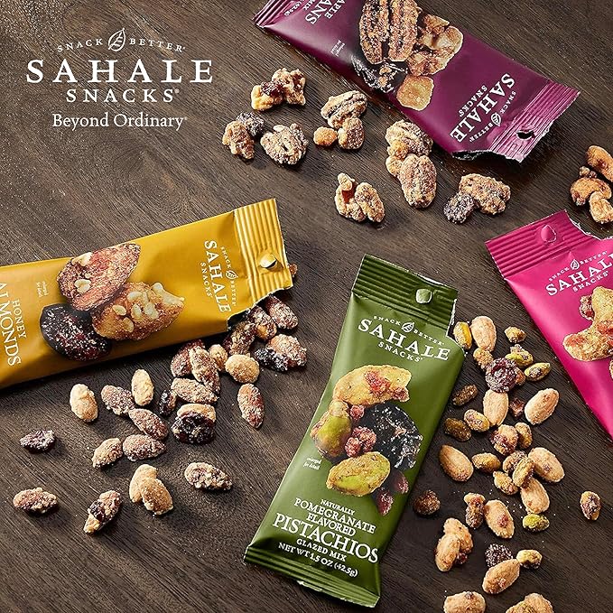 Sahale Snacks Honey Almonds Glazed Mix, 1.5 oz Grab & Go Bags (18 Packs) - Dry-Roasted Deluxe Mixed Nuts with Tart Cranberries & Madagascar Vanilla - Non-GMO, Kosher, & Certified Gluten-Free Snacks